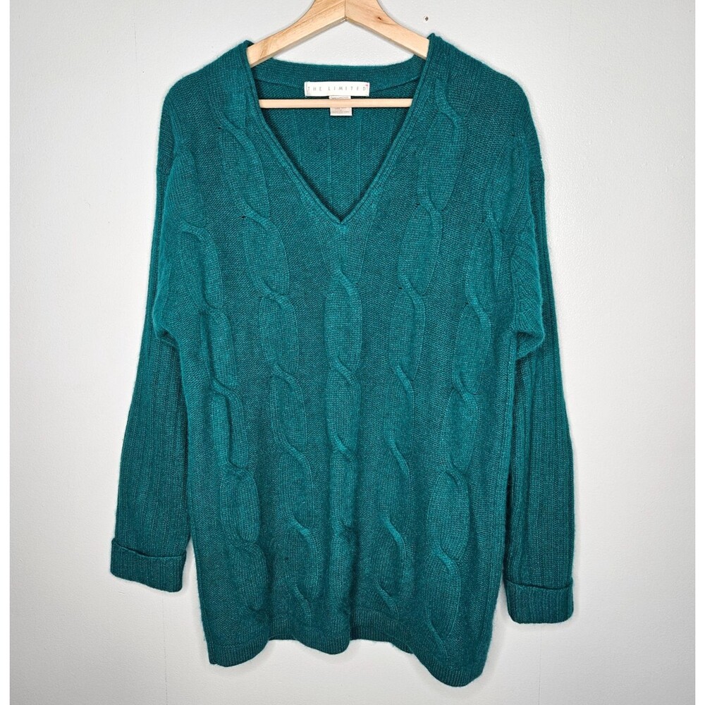 Vintage THE LIMITED Lambswool Angora Sweater Small Oversized Green Cable Knit